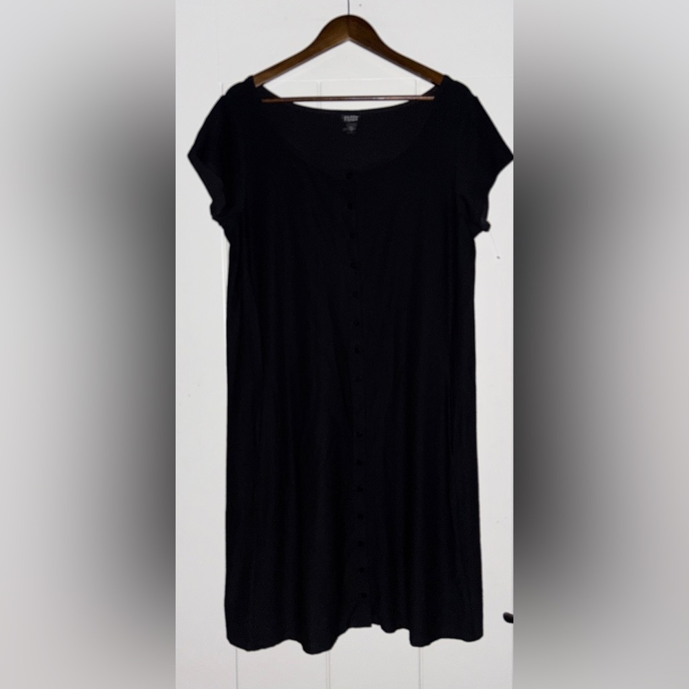 Eileen Fisher Button Down Flutter Sleeve Black Dress Women L Relaxed-Fit Boxy